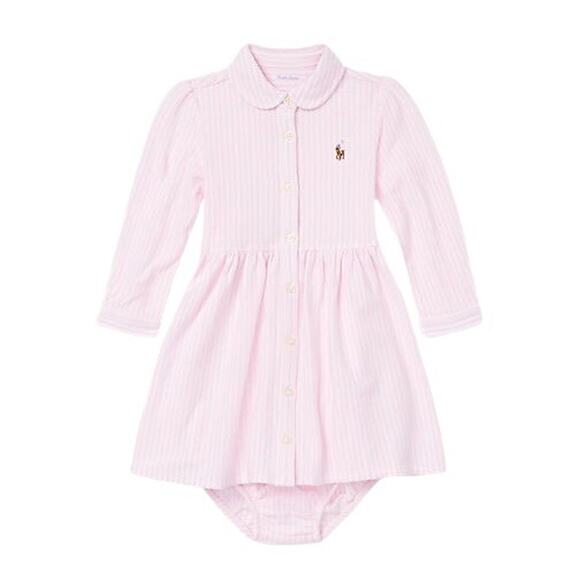 RALPH LAUREN Striped Mesh Oxford Dress with Matching Bottoms, Pink| Size: 6 mos - Picture 1 of 8